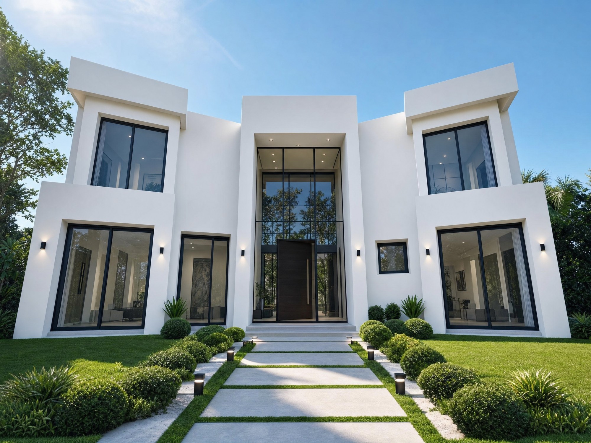 The same residence shown finished in white stucco with black-framed impact windows and a tall pivot entry door